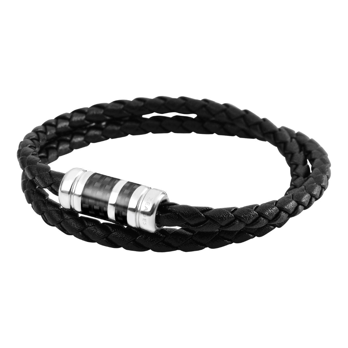 Leather Double-Wrap Braided Black Bracelet with Carbon