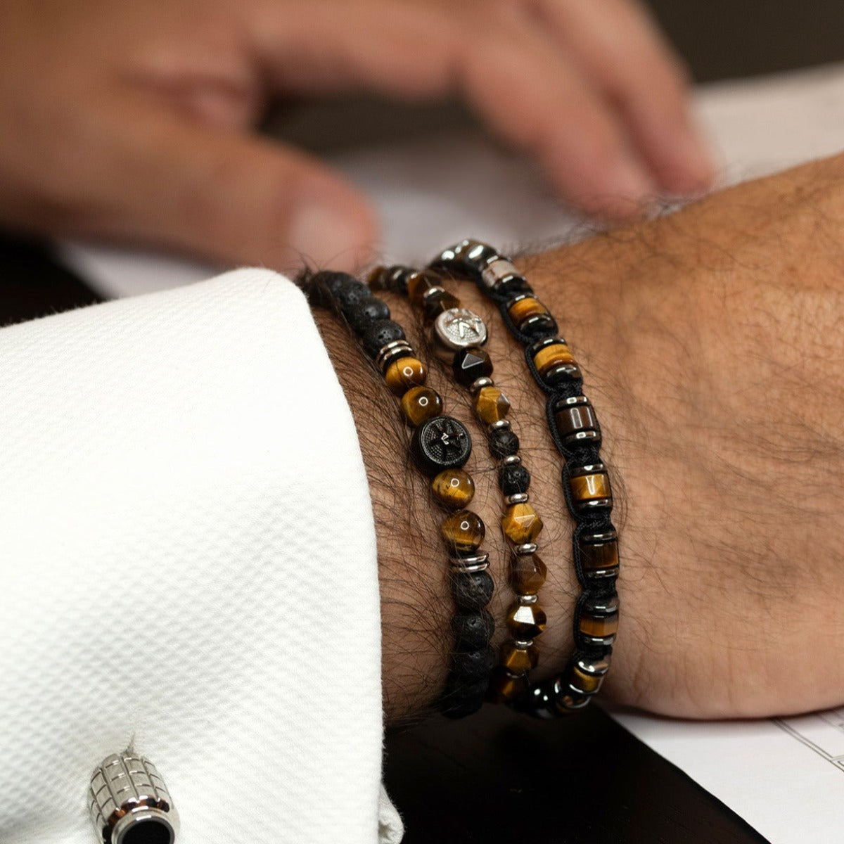 Mochity Bracelet Homme Perles Naturelles – Œil De Tigre, Pierre De Lave, Réglable Tressé, Cadeau Élégant Pour Homme